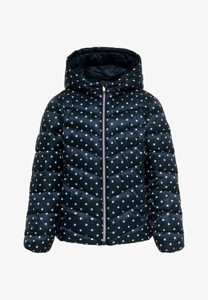 Veste matelassée bleu marine avec pois blancs, capuche, fermeture éclair frontale et couture en motif chevron. Le matériau est brillant et matelassé.