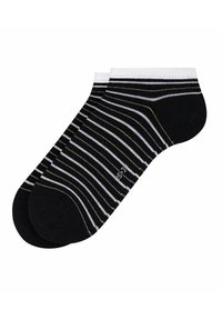 Schwarze Knöchelsocken mit horizontalen Streifen in Weiß und Gold. Mit verstärktem Fersen- und Zehenbereich, aus einem Baumwollgemisch für Komfort und Langlebigkeit.