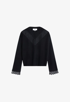 Jersey negro de punto con diseño de escote en V de encaje, mangas largas y borde de encaje en los puños. Textura suave, ajuste recortado.