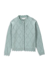 Jasnozielony, szydełkowany kardigan z teksturowanym wzorem w diamenty, okrągłym dekoltem, zapięciem na guziki oraz falbaniastymi mankietami i dolnym brzegiem.