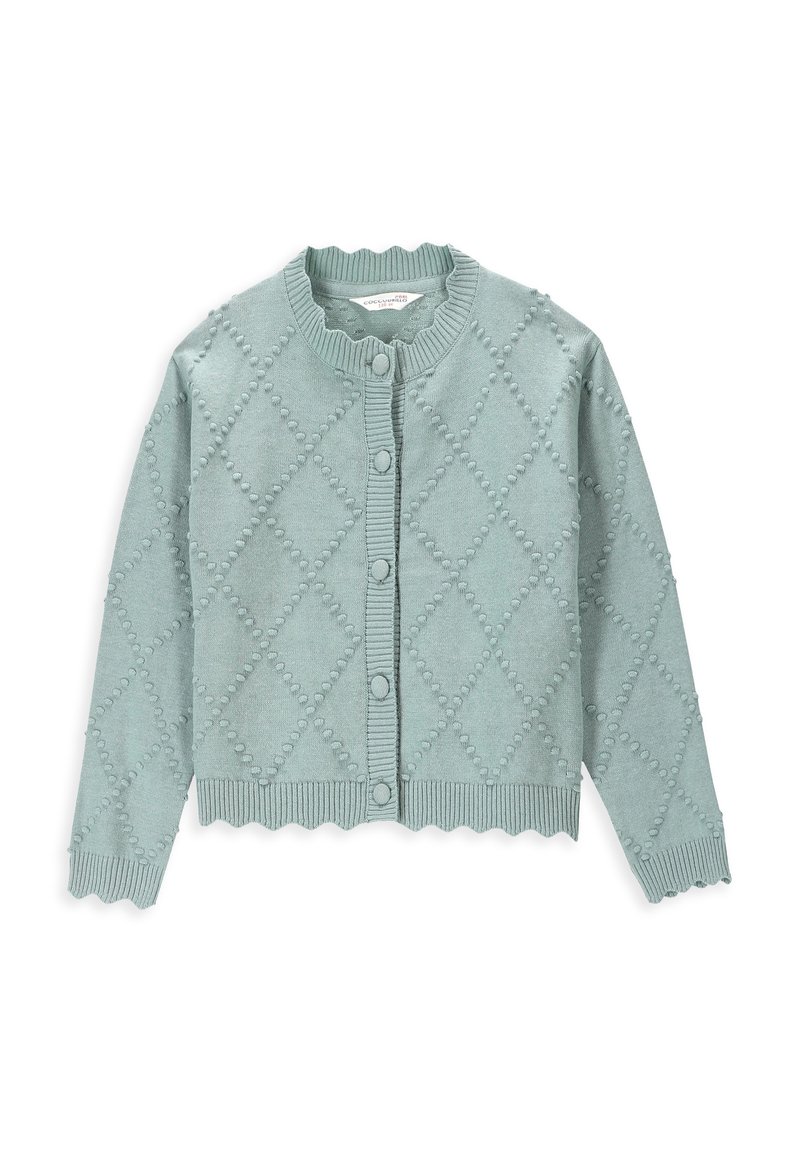 Jasnozielony, szydełkowany kardigan z teksturowanym wzorem w diamenty, okrągłym dekoltem, zapięciem na guziki oraz falbaniastymi mankietami i dolnym brzegiem.