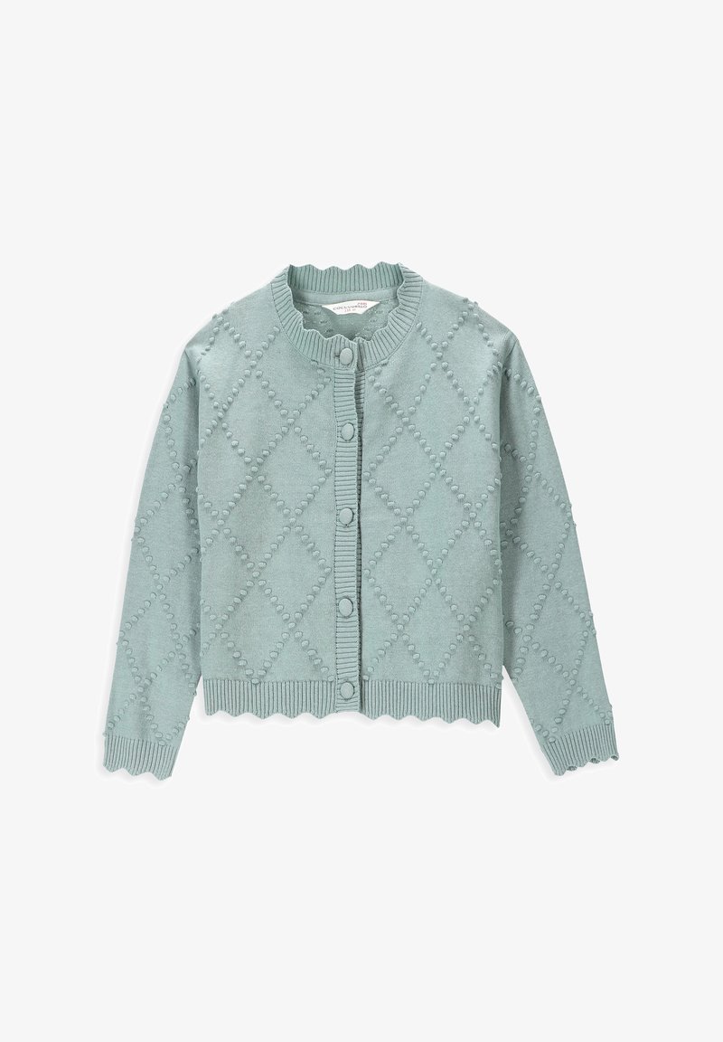 Jasnozielony, szydełkowany kardigan z teksturowanym wzorem w diamenty, okrągłym dekoltem, zapięciem na guziki oraz falbaniastymi mankietami i dolnym brzegiem.