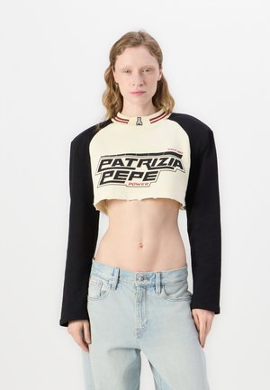 Cropped sweatshirt featuring a cream body, black long sleeves, red and yellow striped collar, and bold Patrizia Pepe logo.