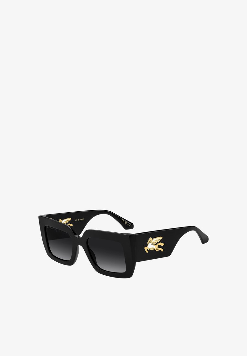 Occhiali da sole rettangolari neri con montature spesse, decorati con un cavallo alato dorato su ogni astina.