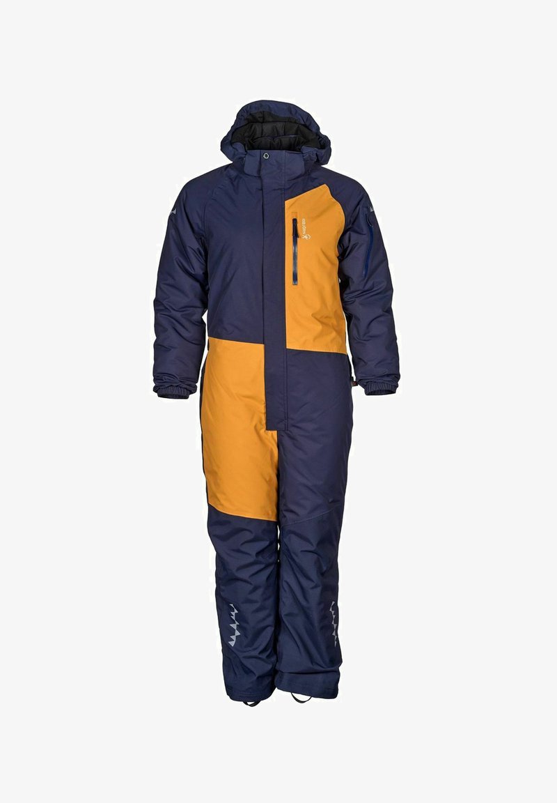 Laadittu talvihaalari tummansinisen ja sinapinkeltaisen värisenä, hupulla, etuvetoketjulla, rintataskulla, elastisilla hihansuilla ja heijastavilla yksityiskohdilla jaloissa.