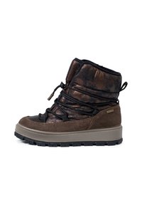 Brązowe zamszowe botki za kostkę z metalicznym wykończeniem, z sznurówkami, wyściełanym kołnierzem oraz grubą, czarną gumową podeszwą, charakteryzujące się teksturowanym wykończeniem.