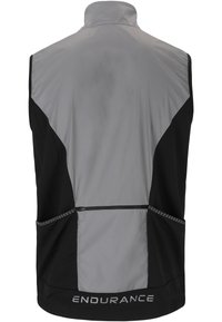 Ärmcut s athletic vest i grått och svart, tillverkad av lättviktigt material, med hög krage och fickor med dragkedja på sidorna.
