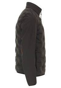 Mörkbrun puffjacka med hög krage, quiltat mönster, sidofickor med dragkedja och elastiska ärmslut. Slät yta med en lätt känsla.