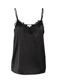 Camisole en satin noir avec des fines bretelles réglables et un empiècement en dentelle le long de l'encolure, présentant une texture lisse et une coupe décontractée.