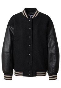 Veste universitaire noire avec corps en laine, manches en cuir, boutons-pression, et col, poignets et ourlet côtelés rayés.