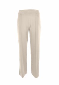 Pantalons beiges à jambes larges en tissu doux, présentant une taille plate et deux poches latérales. La texture semble lisse avec des coutures minimales.