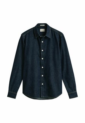Donkerblauw denim overhemd met lange mouwen, knopen en een kraag, met zichtbare stiksels op de schouders en manchetten.