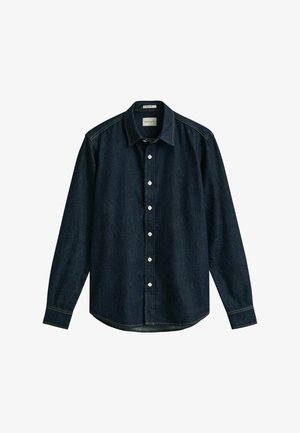 Donkerblauw denim overhemd met lange mouwen, knopen en een kraag, met zichtbare stiksels op de schouders en manchetten.
