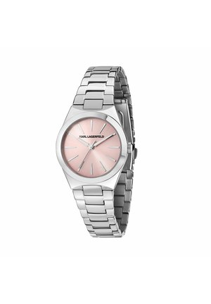 Sølvrustfrit stål ur med en lyserød urskive, kantet kasse, time markører og et sammenkoblet armbåndsdesign. Minimalistisk æstetik.