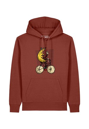 Rostfarbener Hoodie mit einer Cartoon-Bananenfigur, die ein Fahrrad mit runden beigen Reifen fährt und mit einem lächelnden Gesicht winkt.