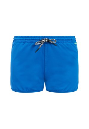 Short de bain bleu vif avec taille élastique et cordon de serrage en zigzag noir et blanc au centre devant.