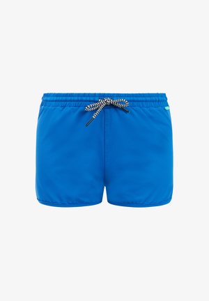 Short de bain bleu vif avec taille élastique et cordon de serrage en zigzag noir et blanc au centre devant.