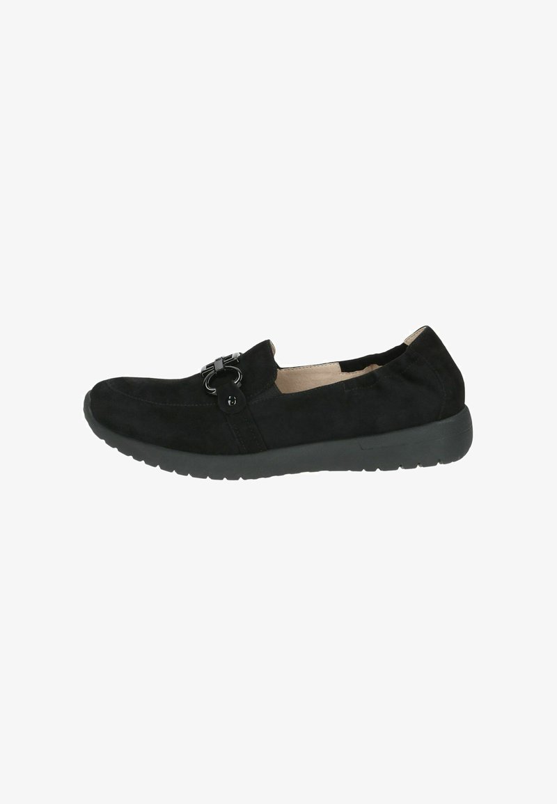Zapato negro de ante tipo slip-on con punta redonda y suela de goma. Presenta un acento metálico en la parte superior, que ofrece un acabado texturizado.