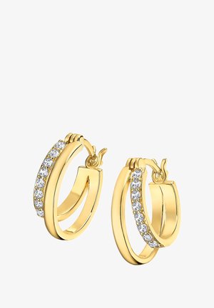 Boucles d'oreilles en or en forme de cercle, présentant un design lisse et courbé avec une rangée de strass clairs sur un côté. Fermeture à crochet sécurisée.