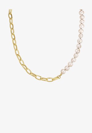 Gouden ketting met schakels en witte parels, bestaande uit afwisselende segmenten van gepolijste ketting en bolvormige parels.