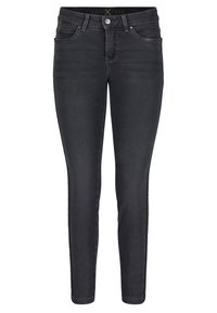 Vaqueros skinny negros de denim, con una cintura de altura media, cinco bolsillos, costuras sutiles y un cierre clásico de botón y cremallera.