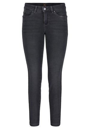 Zwarte skinny jeans van denim, met een middelhoge taille, vijf zakken, subtiele stiksels en een klassieke knoop- en ritsclosure.