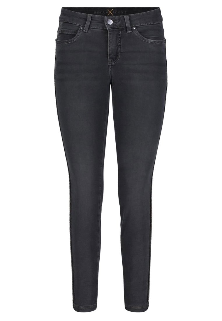 Vaqueros skinny negros de denim, con una cintura de altura media, cinco bolsillos, costuras sutiles y un cierre clásico de botón y cremallera.