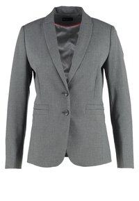 Šedý blazer, přiléhavý střih, jednořadý s dvěma knoflíky, klopový límec, přední kapsy, podšívka s kontrastním červeným lemem.