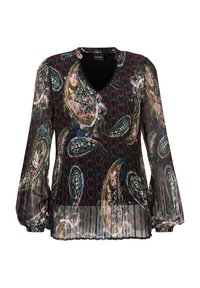 Vloeiende blouse van lichte stof, met een donkere achtergrond en kleurrijke paisley- en hartpatronen. V-hals en puffed mouwen.