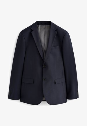 Tamno plavi sako od glatkog materijala; ima rever s prorezom, dva prednja džepa i tri dugmeta za zatvaranje na prednjoj strani i rukavima.