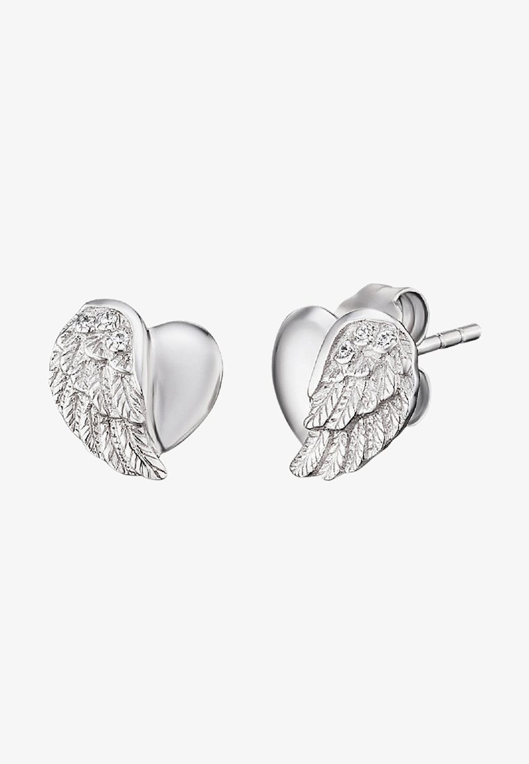 Silberne Ohrringe in Herzform mit detaillierten Flügelakzenten; verfügen über eine polierte Oberfläche und kleine, funkelnde Verzierungen auf einer Seite.