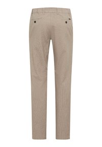 Beige slim-fit bukser med små tern, bæltestropper og to baglommer med knap.