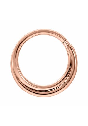 Rose gold triple tube hoop earring with smooth, shiny finish and hinged clasp, shown against a white background.