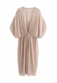 Svetlobežový kaftan šaty s hlbokým V-výstrihom, širokými rukávmi a zhromaždeným pásom. Vyrobené z ľahkej, textúrovanej tkaniny s vertikálnymi pruhmi.