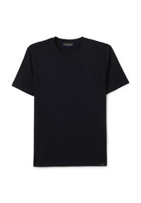 T-shirt nero a maniche corte realizzato in morbido cotone. Presenta un collo rotondo, un taglio dritto e un piccolo logo sul bordo. Design semplice.