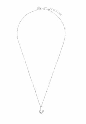 Collana a catena d'argento con un piccolo ciondolo a ferro di cavallo decorato con minute pietre trasparenti e chiusura regolabile.