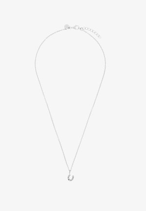 Collana a catena d'argento con un piccolo ciondolo a ferro di cavallo decorato con minute pietre trasparenti e chiusura regolabile.