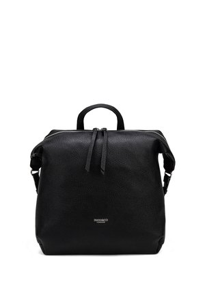 Borsa a mano in pelle nera con texture, manico superiore, chiusura con zip con doppio cursore e piccolo logo argento "DIANA&CO FIRENZE" sul davanti.