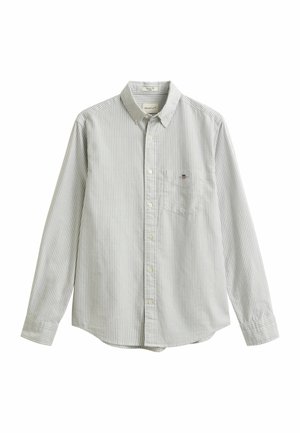 Camicia a maniche lunghe con bottoni, a righe verticali grigio chiaro e bianche, con colletto, taschino sul petto e polsini con bottoni.