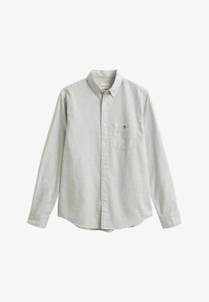 Camicia a maniche lunghe con bottoni, a righe verticali grigio chiaro e bianche, con colletto, taschino sul petto e polsini con bottoni.