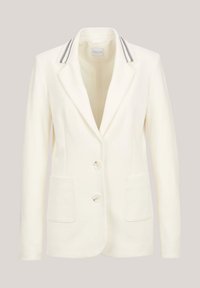 Crème-kleurige blazer met een reverskraag, twee voorklappen en twee knopen. Heeft contrasterende gestreepte accenten op de kraag.