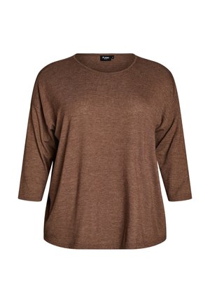 Braunes locker sitzendes Langarmshirt mit rundem Halsauschnitt, weichem Strickstoff und mittellangen Ärmeln.