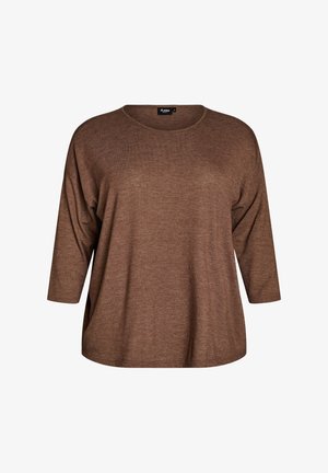Camisa marrón de manga larga y talla holgada con escote redondo, tejido de punto suave y mangas de longitud media.