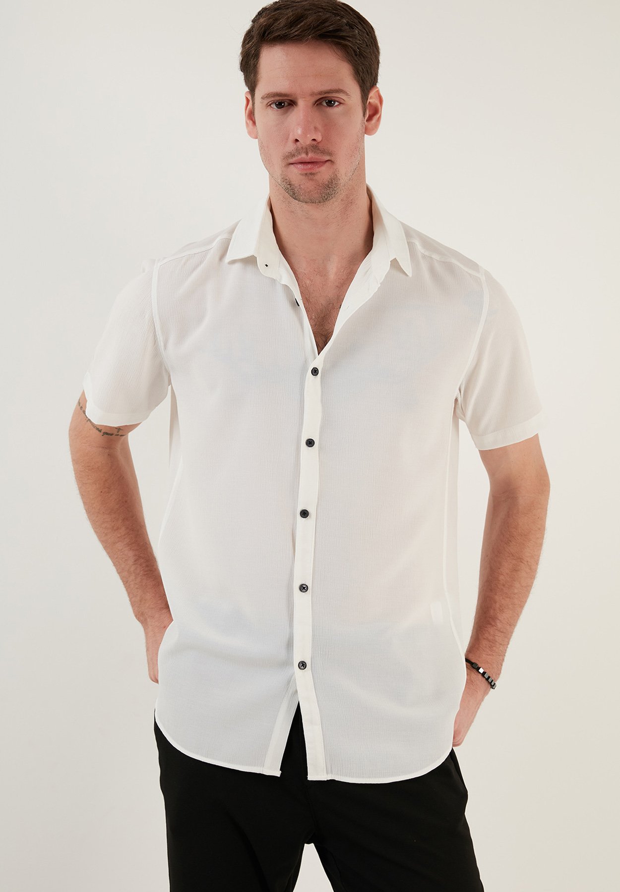 Cromoncent Camicia Casual Uomo Maniche Corte A Quadri Buffalo - Bianco E Nero Con Tasca, Taglia L