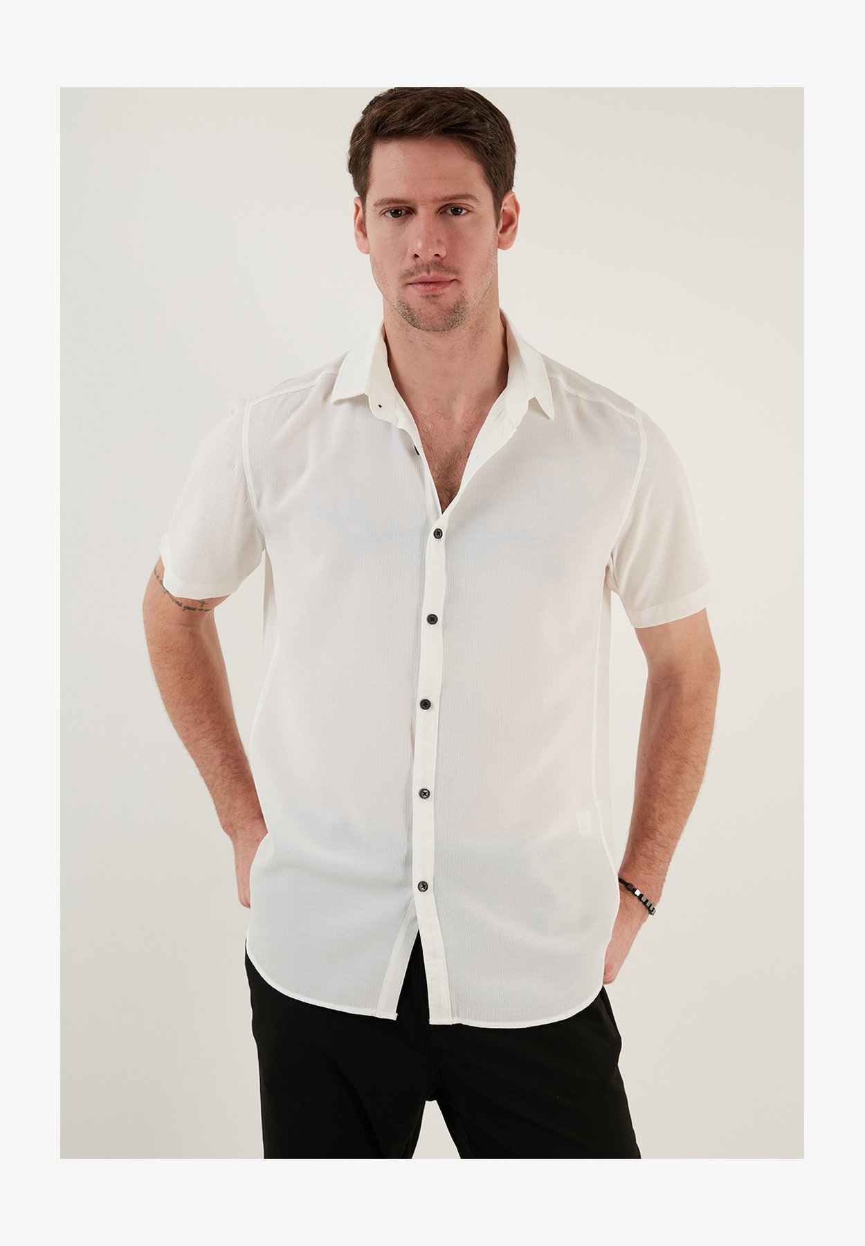 Cromoncent Camicia Casual Uomo Maniche Corte A Quadri Buffalo - Bianco E Nero Con Tasca, Taglia L