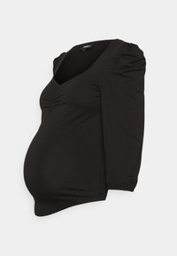 Camisa de maternidade preta com decote em V, mangas bufantes até ao cotovelo e detalhe franzido na frente, feita de um tecido suave e elástico.