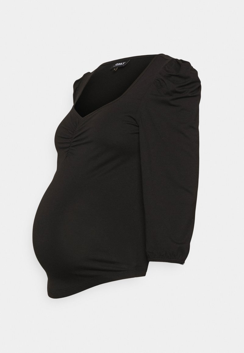 Camisa de maternidade preta com decote em V, mangas bufantes até ao cotovelo e detalhe franzido na frente, feita de um tecido suave e elástico.