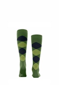 Grüne knielange Socken mit einem Rautenmuster in Dunkelgrün und Navy, mit strukturierten Akzenten und verstärktem Zehenbereich.