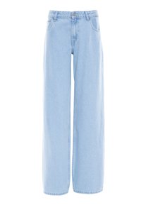 Helleblaue weit geschnittene Jeans aus Denim-Stoff. Verfügt über einen Knopf- und Reißverschluss, fünf Taschen und sichtbare Nähte.