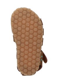 Bruine schoenen met een rubberen zool met een honingraattextuur; ontworpen met verstelbare banden en lichtblauwe accenten.